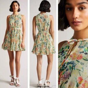 TED BAKER Harriss Floral Chiffon Sleeveless Mini Dress Size 4 Tie Neck Pockets